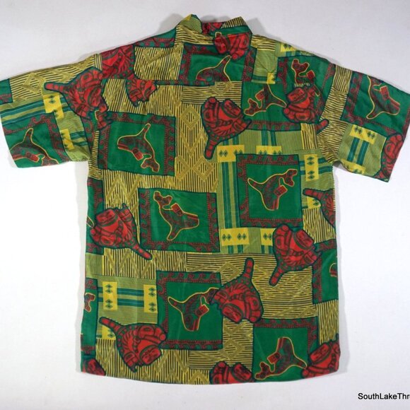 VTG 90s Silks Button Down Slik Shirt Sz Mens Medium Yellow Red Green Aztec Style - Picture 2 of 7